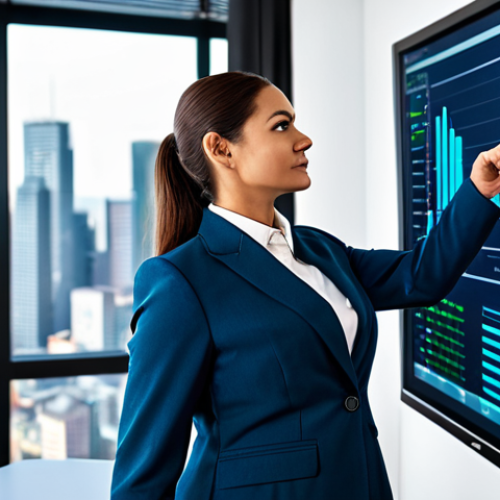 Home 6 A determined professional businesswoman, fully clothed in a modest business suit, stands confidently in a modern, high-tech office overlooking a bustling cityscape. She is pointing at a holographic display showcasing ascending financial growth charts and stock market indicators, symbolizing strategic investment and wealth creation through leverage. The atmosphere is optimistic and forward-looking. safe for work, appropriate content, fully clothed, professional dress, modest clothing, appropriate attire, perfect anatomy, correct proportions, natural pose, well-formed hands, proper finger count, natural body proportions, professional photography, high quality.