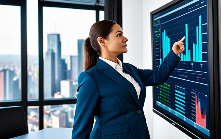 A determined professional businesswoman, fully clothed in a modest business suit, stands confidently in a modern, high-tech office overlooking a bustling cityscape. She is pointing at a holographic display showcasing ascending financial growth charts and stock market indicators, symbolizing strategic investment and wealth creation through leverage. The atmosphere is optimistic and forward-looking. safe for work, appropriate content, fully clothed, professional dress, modest clothing, appropriate attire, perfect anatomy, correct proportions, natural pose, well-formed hands, proper finger count, natural body proportions, professional photography, high quality.