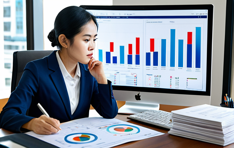A focused Vietnamese financial analyst, fully clothed in a professional business suit, deeply engrossed in research. Sitting comfortably at a sleek, modern desk in a sunlit, contemporary office space with subtle Vietnamese architectural elements. A high-resolution monitor displays complex financial charts and legal documents related to P2P lending platforms. There are neatly organized professional books and a pen on the desk. Professional photography, high-resolution, sharp focus, natural light, realistic, perfect anatomy, correct proportions, natural pose, well-formed hands, proper finger count, natural body proportions, professional dress, modest clothing, appropriate attire, safe for work, appropriate content, family-friendly.