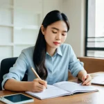 Home 11 PP 대출 투자 시 재무 계획 수립 - **Prompt:** A young Vietnamese woman in her late 20s, dressed in smart casual attire, sits at a clea...