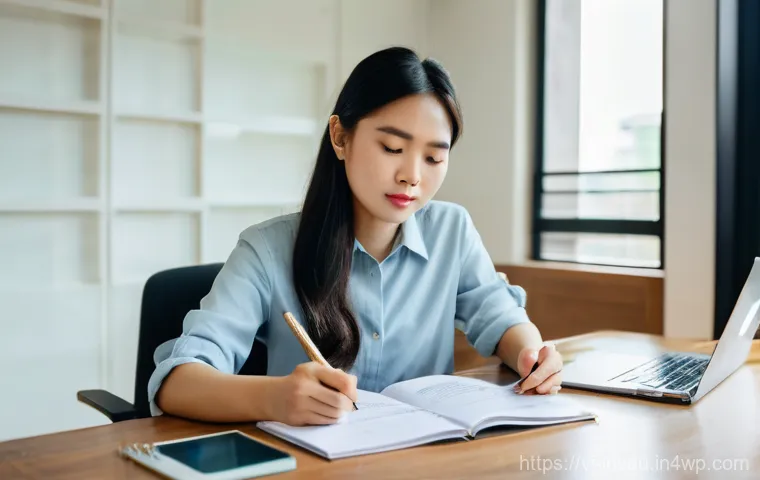 PP 대출 투자 시 재무 계획 수립 - **Prompt:** A young Vietnamese woman in her late 20s, dressed in smart casual attire, sits at a clea...