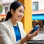 PP 대출 고객 경험 분석 - A modern Vietnamese customer using a sleek smartphone app to apply for a fast personal loan, sitting...